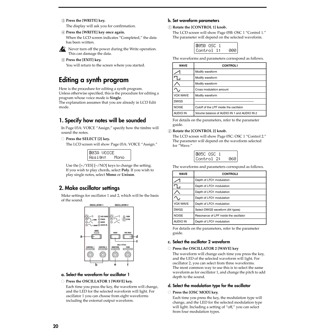 Korg MS2000R manual Editing a synth program, Specify how notes will be sounded, Make oscillator settings 