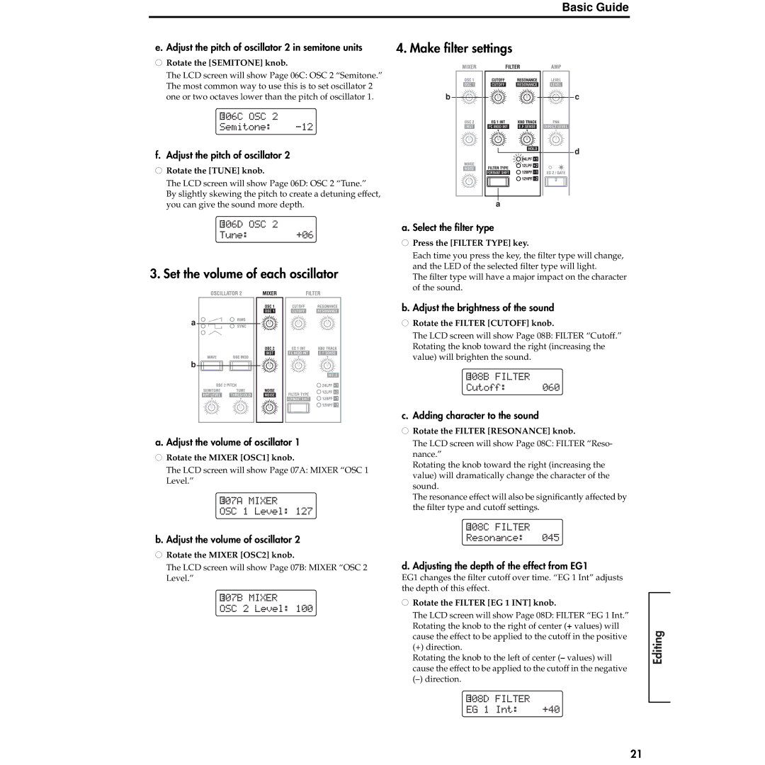 Korg MS2000R manual Set the volume of each oscillator Make ﬁlter settings 