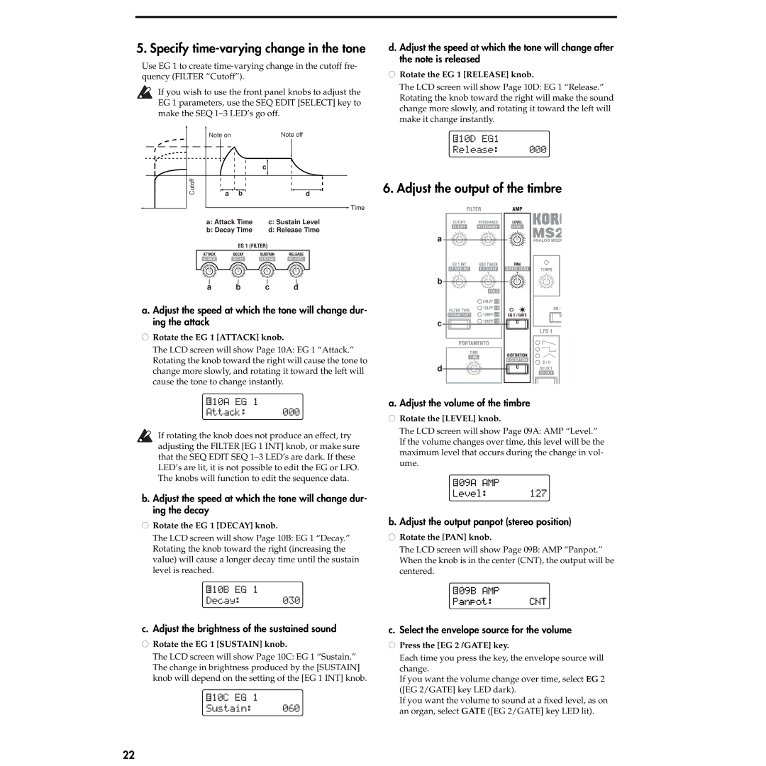 Korg MS2000R manual Specify time-varying change in the tone, Adjust the output of the timbre 