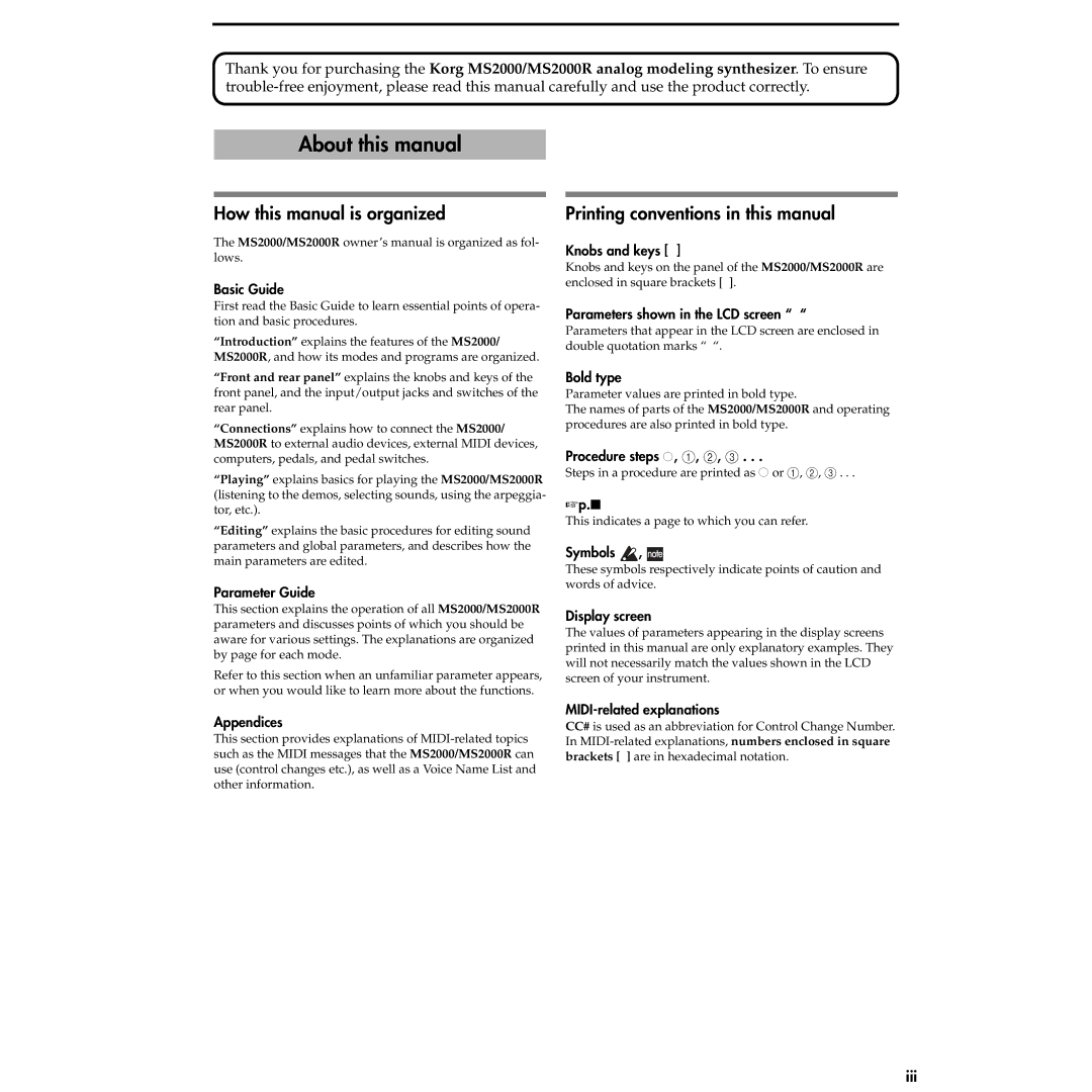 Korg MS2000R About this manual, How this manual is organized, Printing conventions in this manual, Iii 