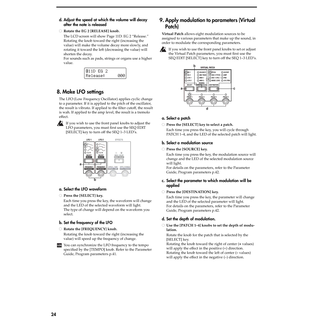 Korg MS2000R manual Make LFO settings, Apply modulation to parameters Virtual Patch 