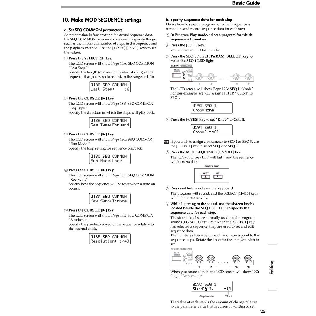 Korg MS2000R manual Make MOD Sequence settings, Set SEQ Common parameters, Specify sequence data for each step 