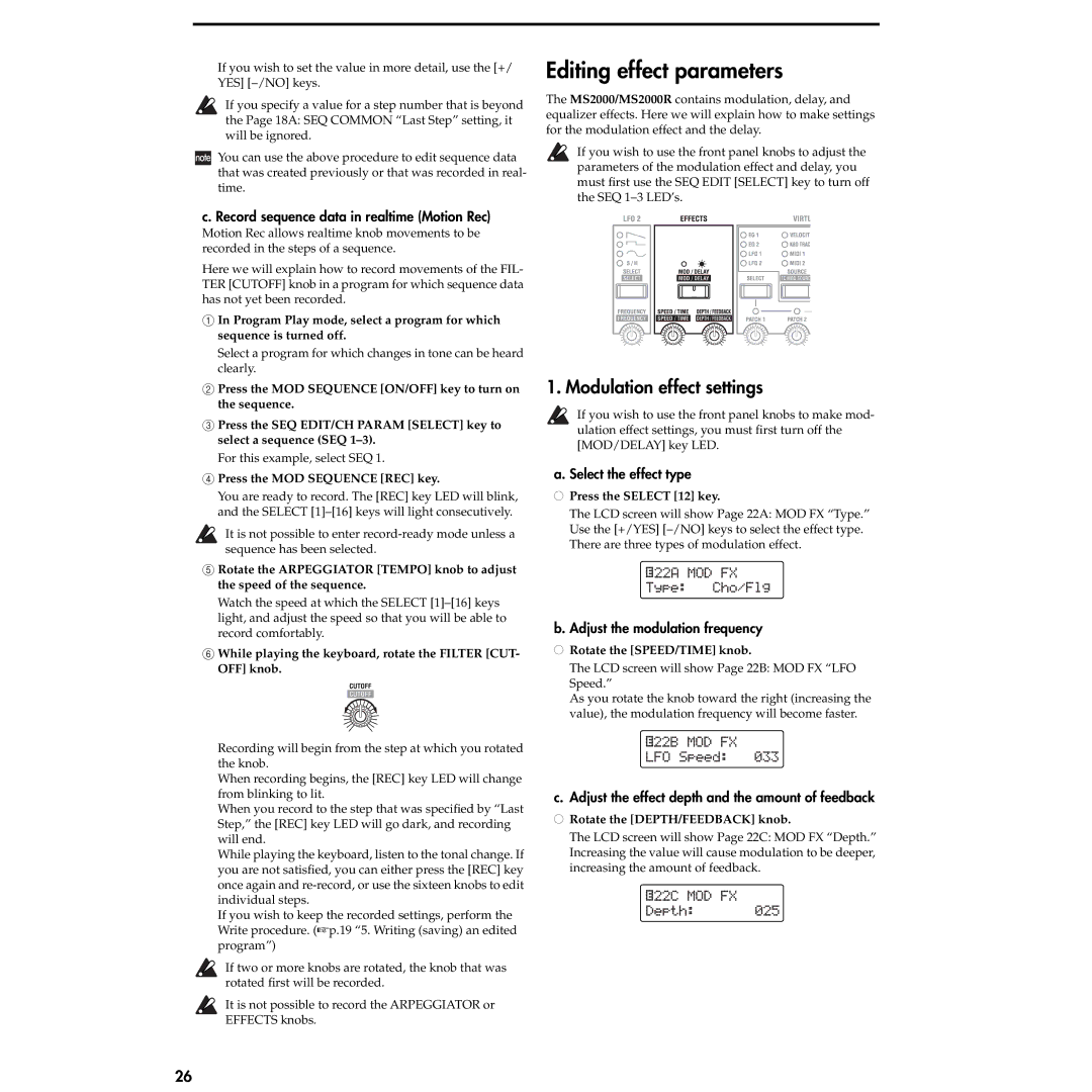 Korg MS2000R manual Editing effect parameters, Modulation effect settings 