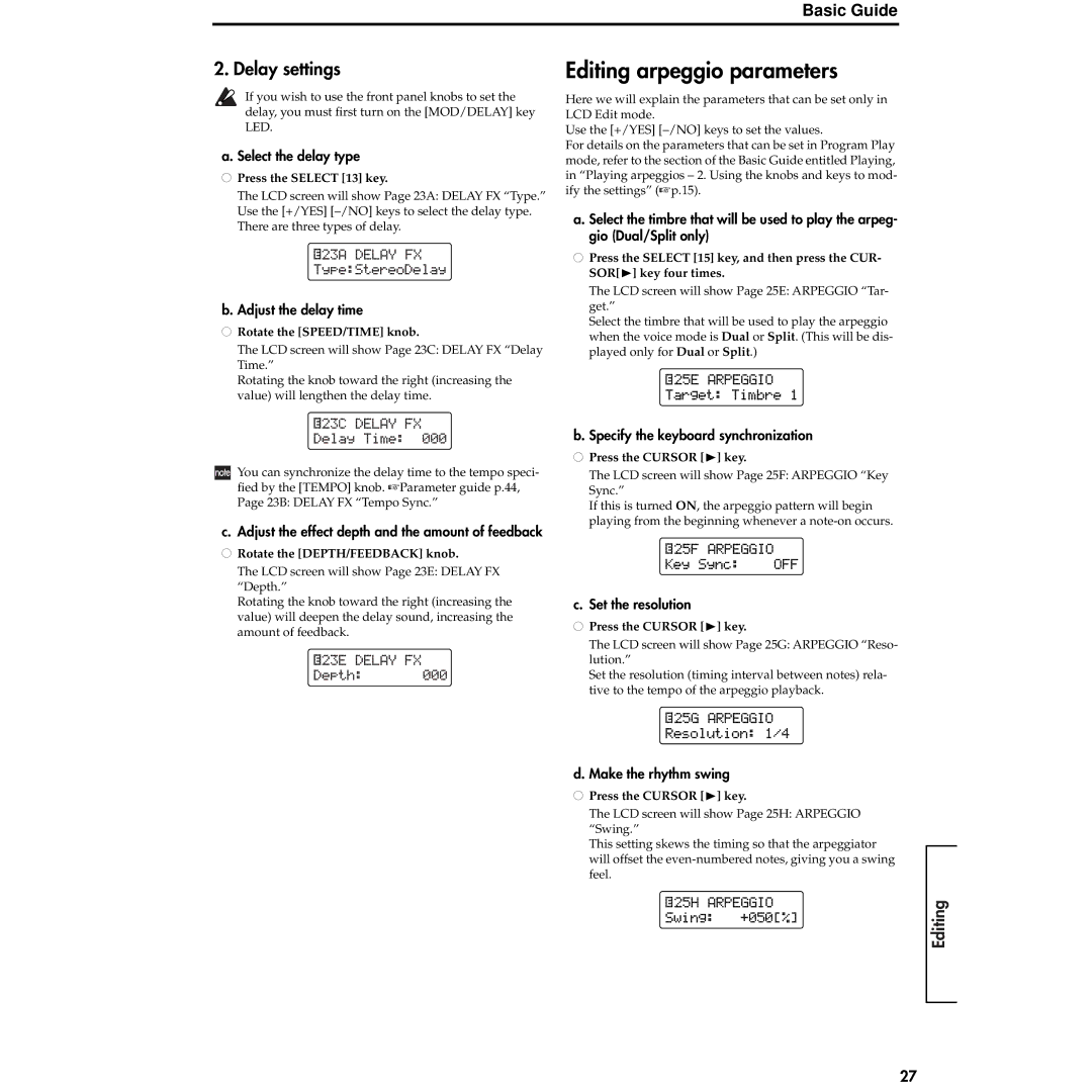 Korg MS2000R manual Editing arpeggio parameters, Delay settings 