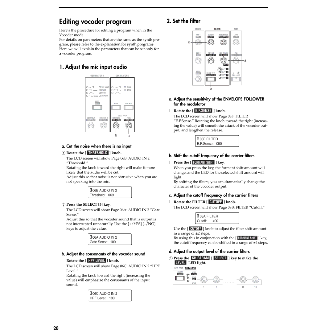 Korg MS2000R manual Editing vocoder program, Adjust the mic input audio, Set the ﬁlter 