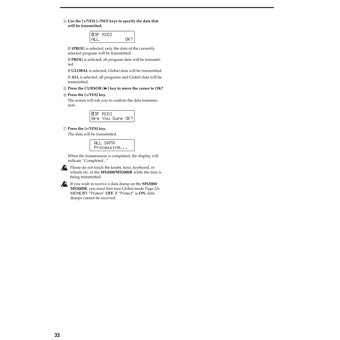 Korg MS2000R manual Screen will ask you to conﬁrm the data transmis- sion 