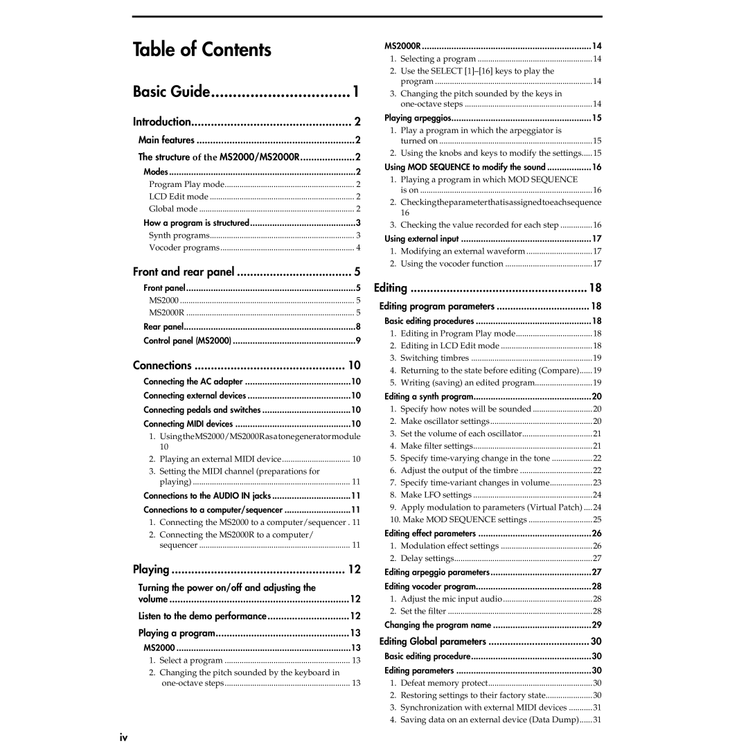 Korg MS2000R manual Table of Contents 