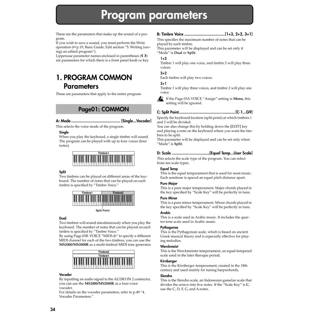 Korg MS2000R manual Page01 Common, +3, 2+2, 3+1 