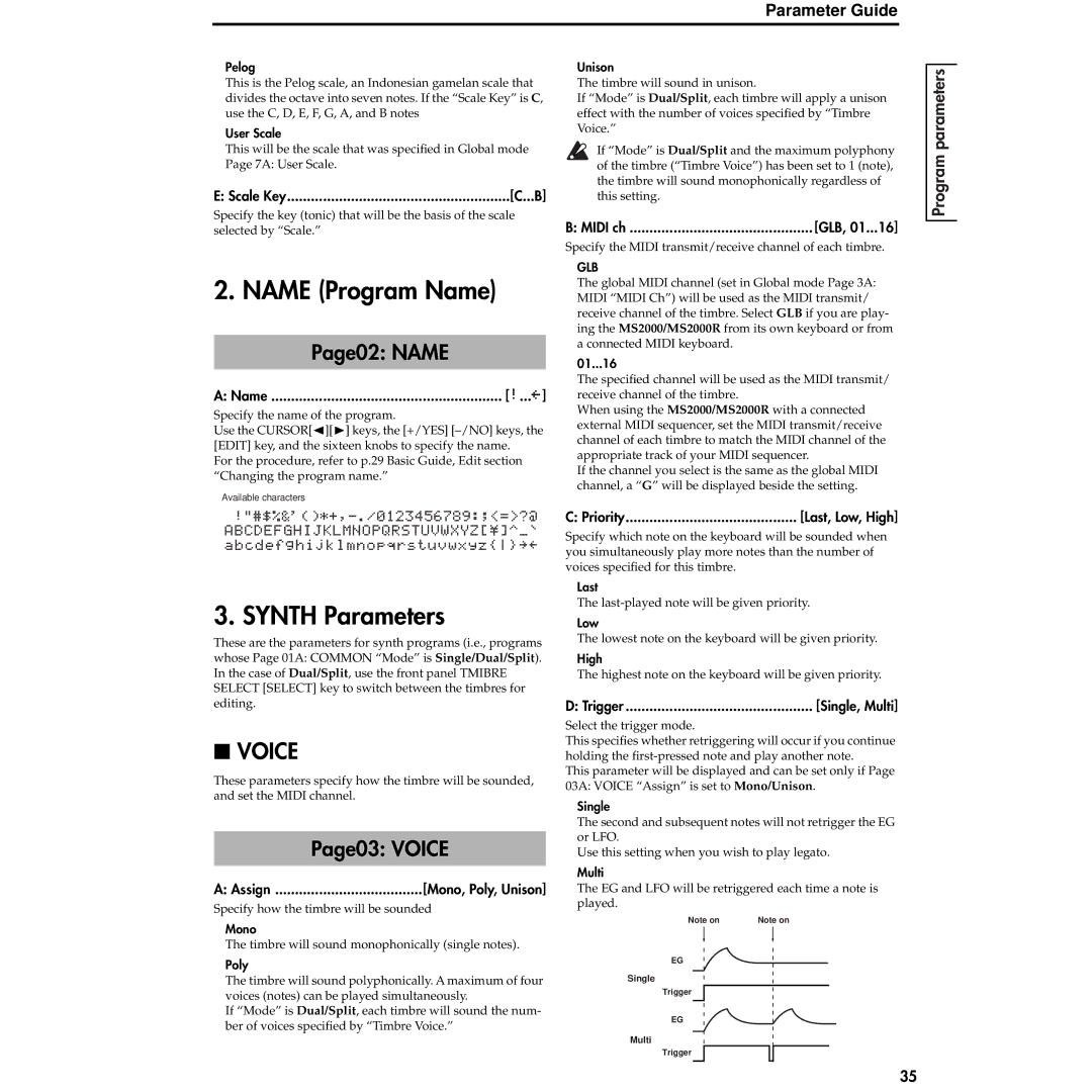 Korg MS2000R manual Page02 Name, Page03 Voice, Glb 