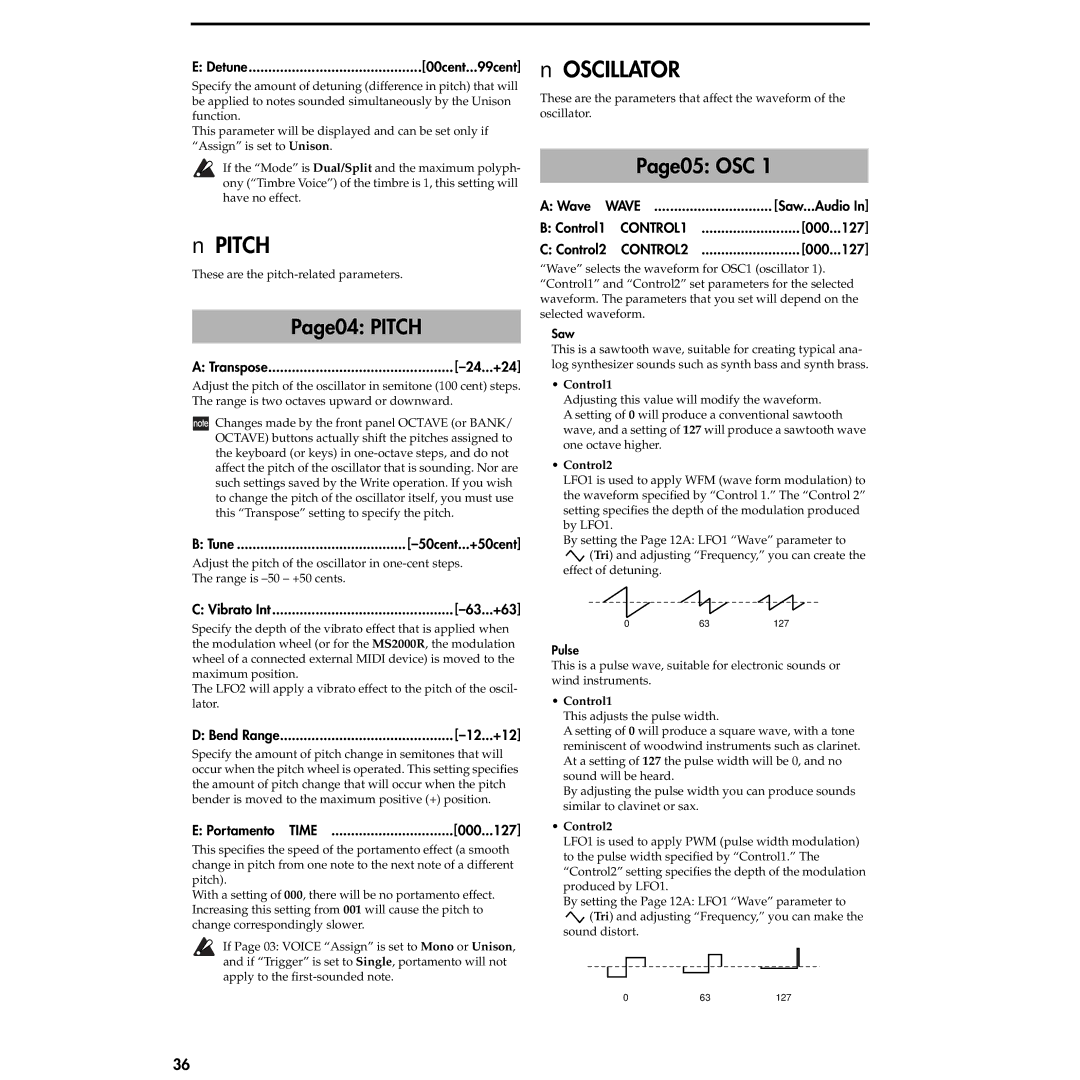 Korg MS2000R manual Oscillator, Page04 Pitch, Page05 OSC 