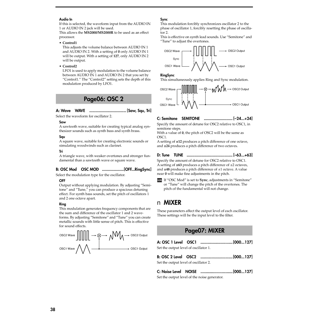 Korg MS2000R manual Page06 OSC, Page07 Mixer, Off 