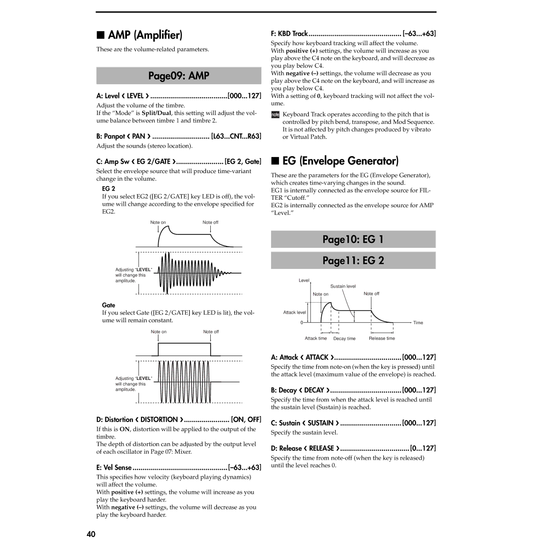 Korg MS2000R manual AMP Ampliﬁer, EG Envelope Generator, Page09 AMP, Page10 EG Page11 EG, On, Off 