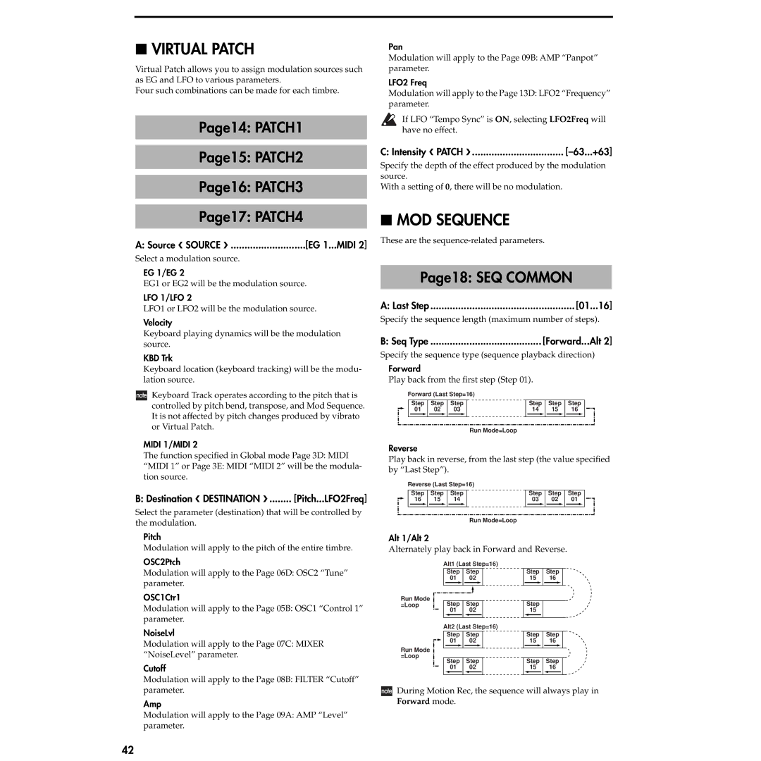 Korg MS2000R manual Virtual Patch, MOD Sequence, Page14 PATCH1 Page15 PATCH2 Page16 PATCH3 Page17 PATCH4, Page18 SEQ Common 