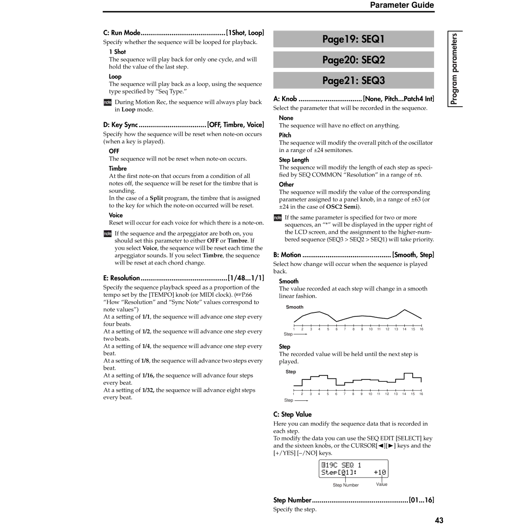 Korg MS2000R manual Page19 SEQ1, Page20 SEQ2, Page21 SEQ3 