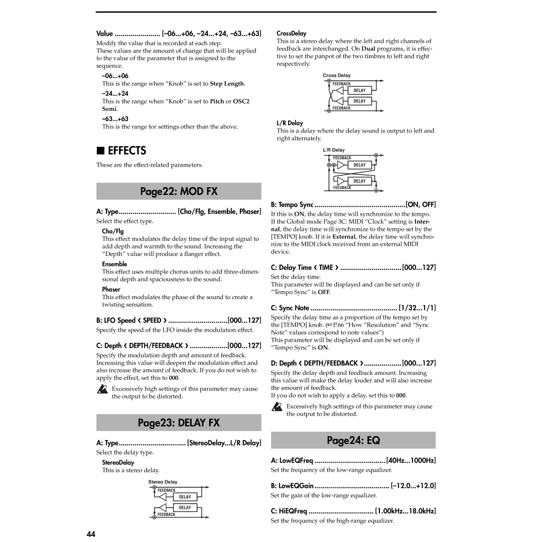 Korg MS2000R manual Effects, Page22 MOD FX, Page23 Delay FX, Page24 EQ 