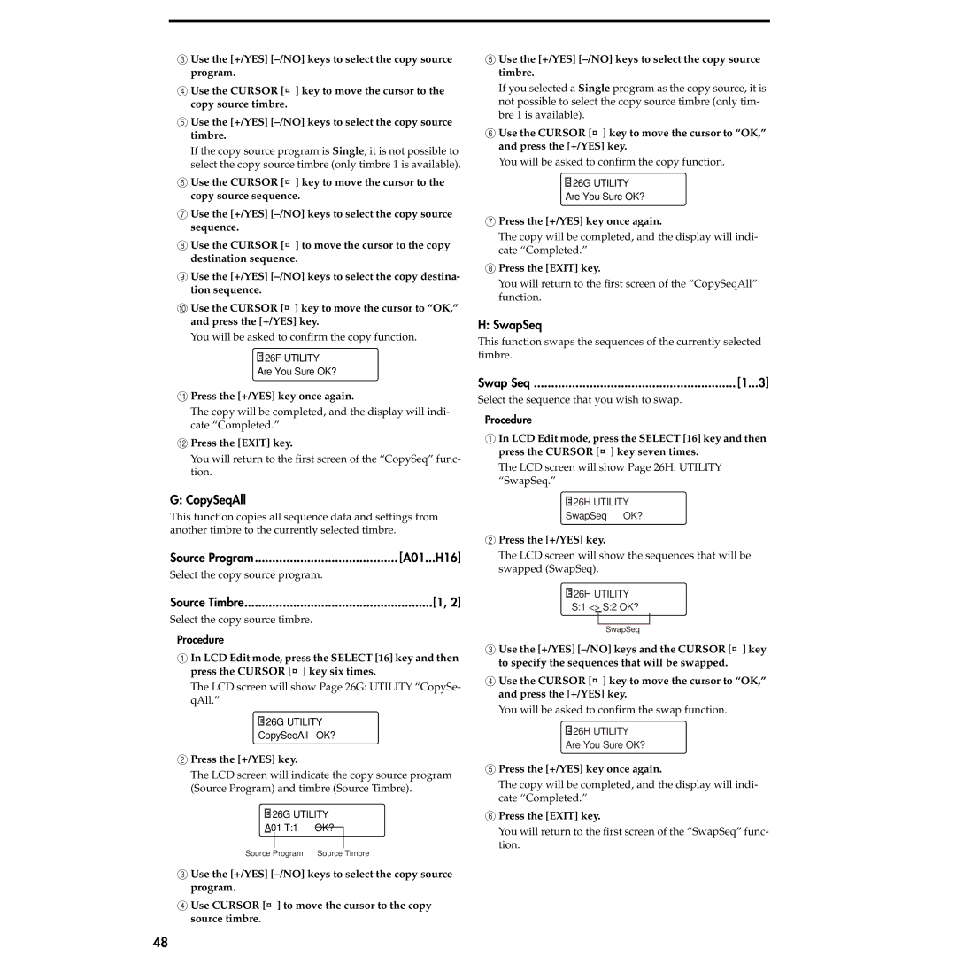 Korg MS2000R manual CopySeqAll, SwapSeq, Swap Seq 