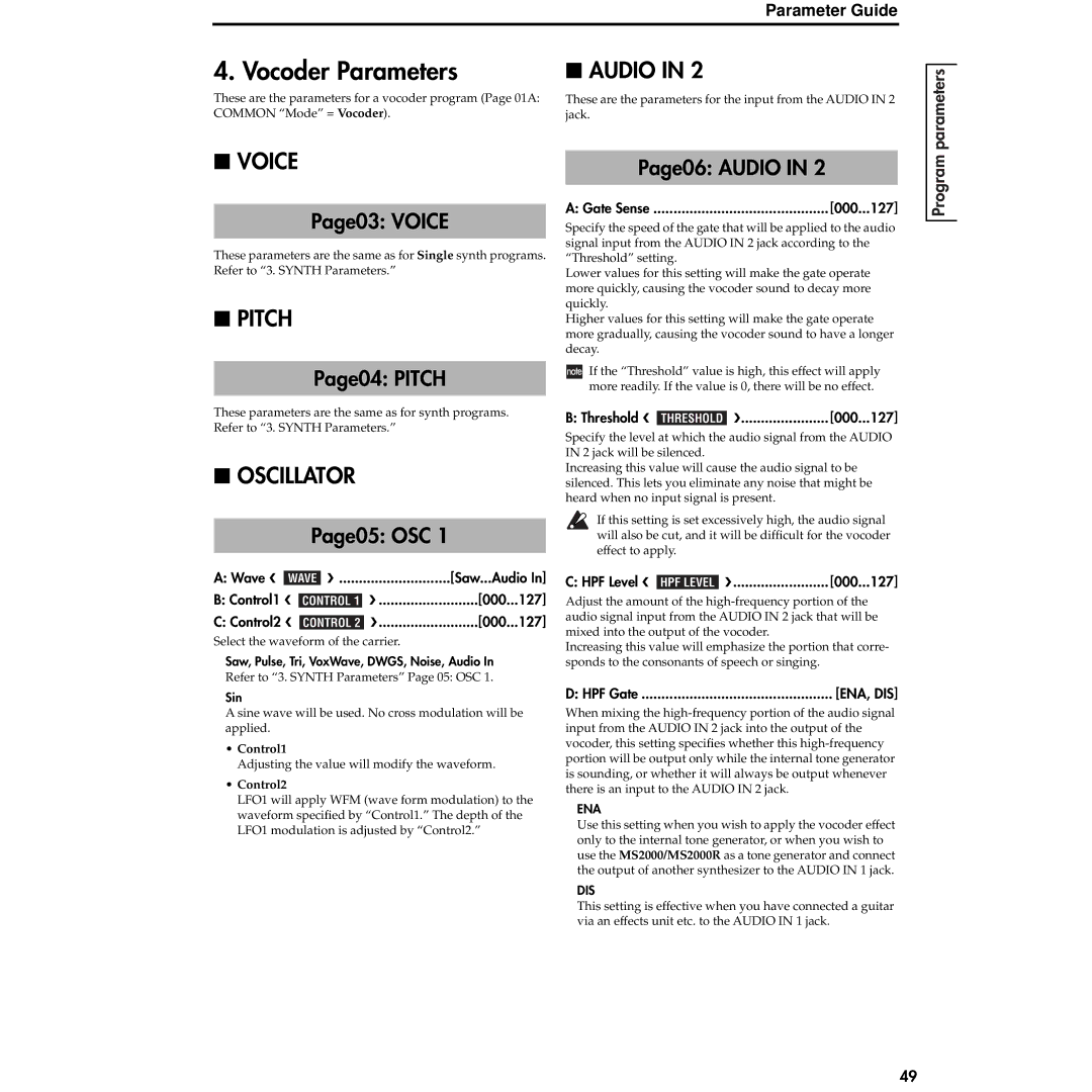 Korg MS2000R manual Page06 Audio, Wave  Saw...Audio Control1  000 127 Control2 , Threshold  000...127 