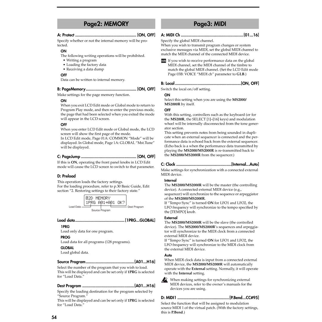 Korg MS2000R manual Page2 Memory Page3 Midi, Preload, Internal...Auto 