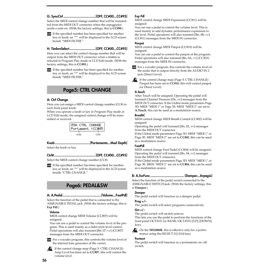 Korg MS2000R manual Page5 Ctrl Change, Page6 PEDAL&SW 