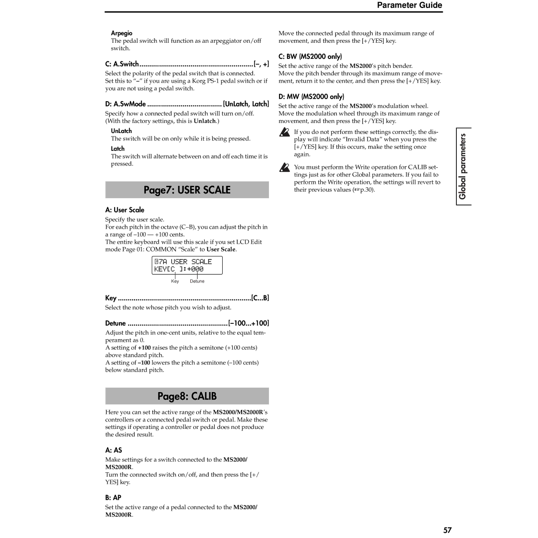 Korg MS2000R manual Page7 User Scale, Page8 Calib 