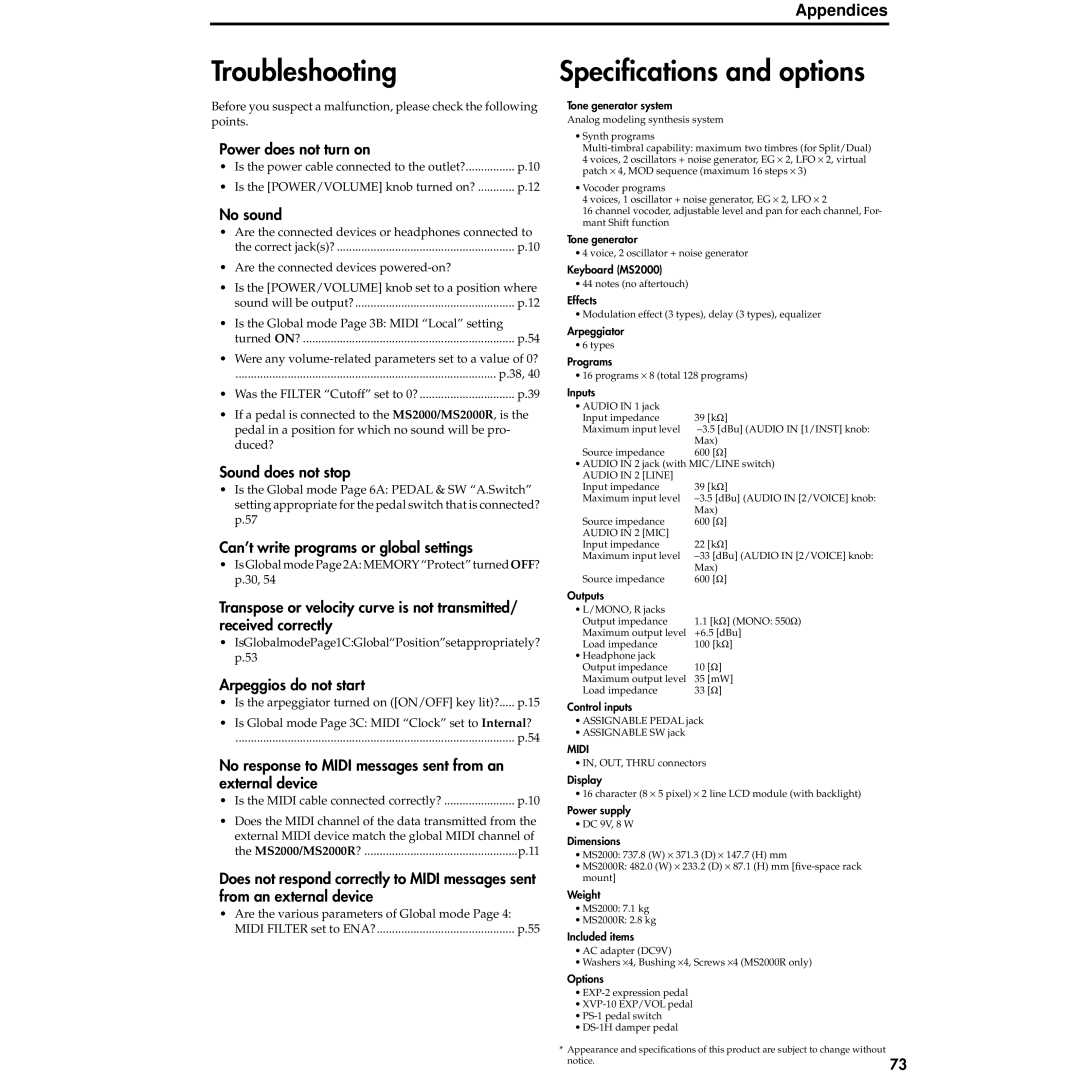 Korg MS2000R manual Troubleshooting, Speciﬁcations and options 