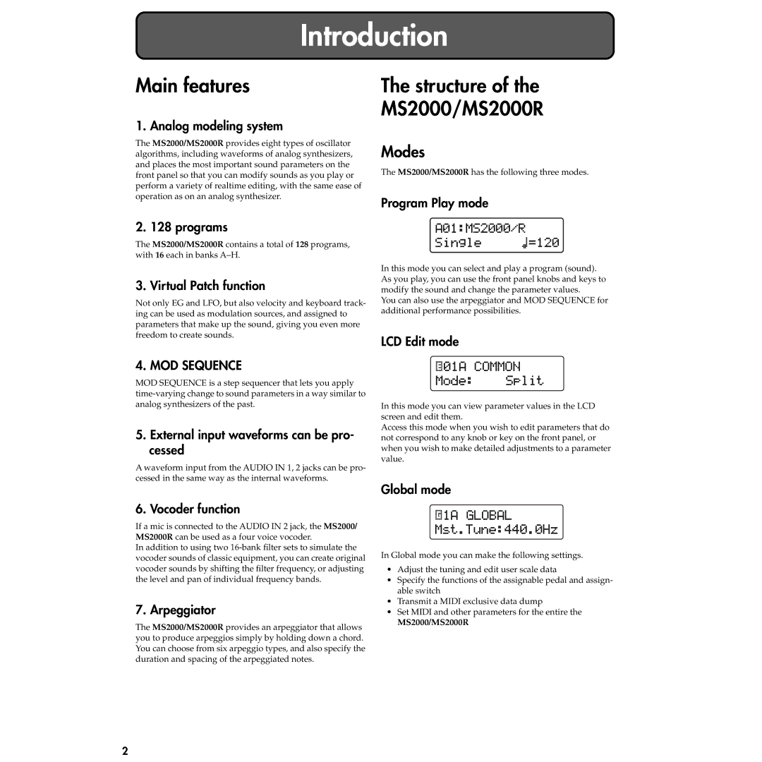 Korg manual Main features, Structure MS2000/MS2000R, Modes 