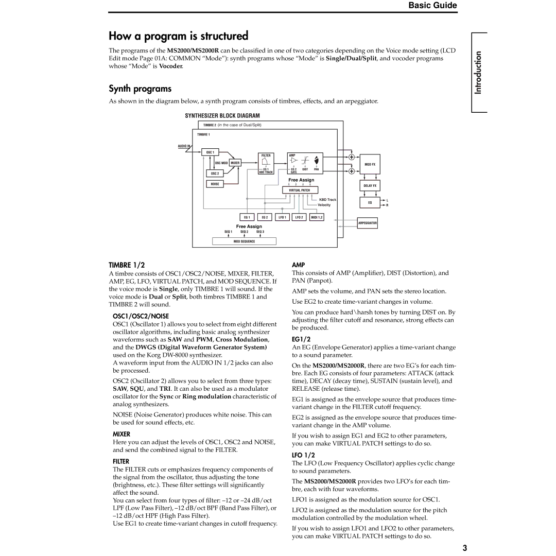 Korg MS2000R manual How a program is structured, Synth programs, OSC1/OSC2/NOISE, EG1/2, LFO 1/2 