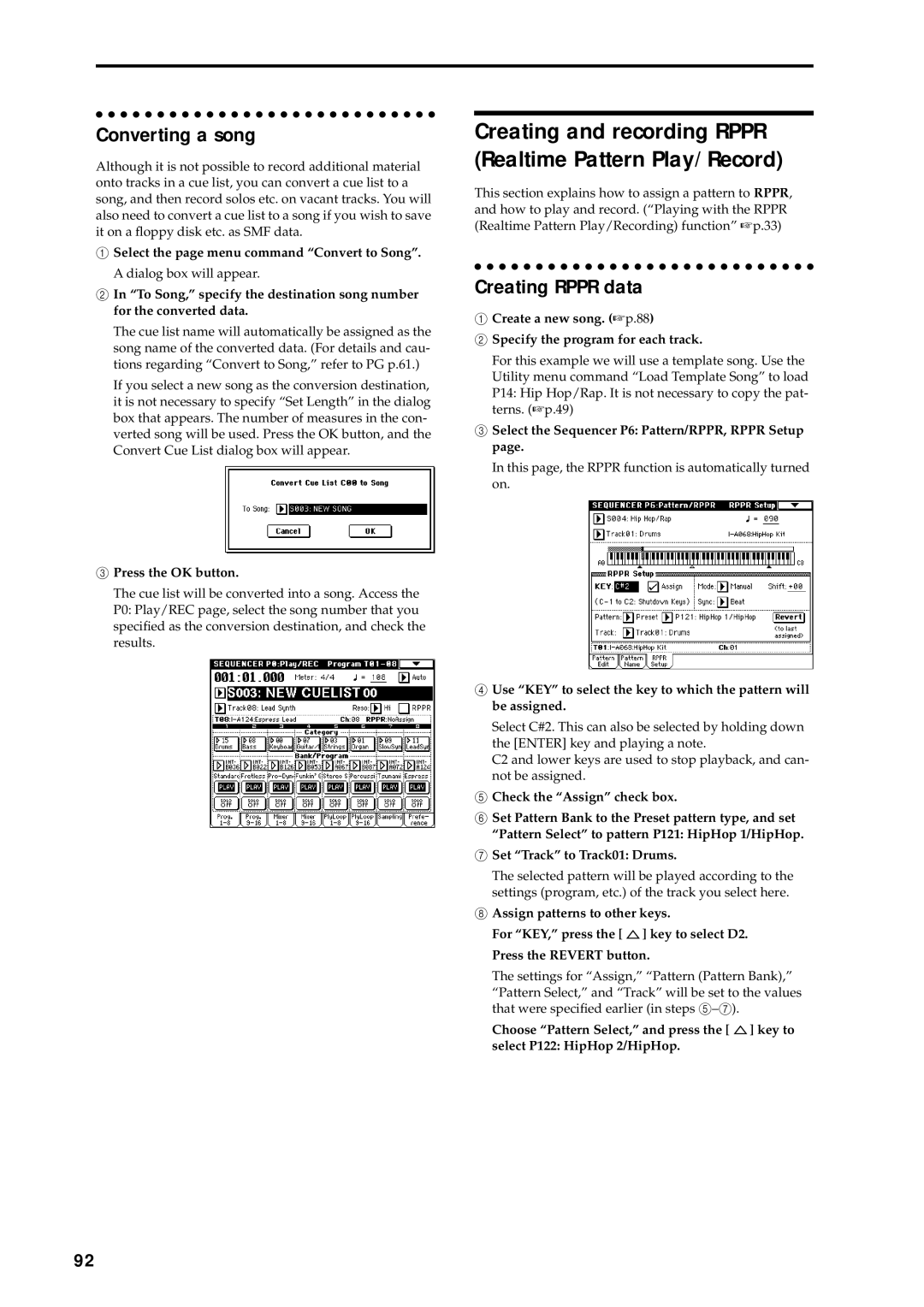 Korg music workstation Converting a song, Creating Rppr data, Create a new song. p.88 Specify the program for each track 