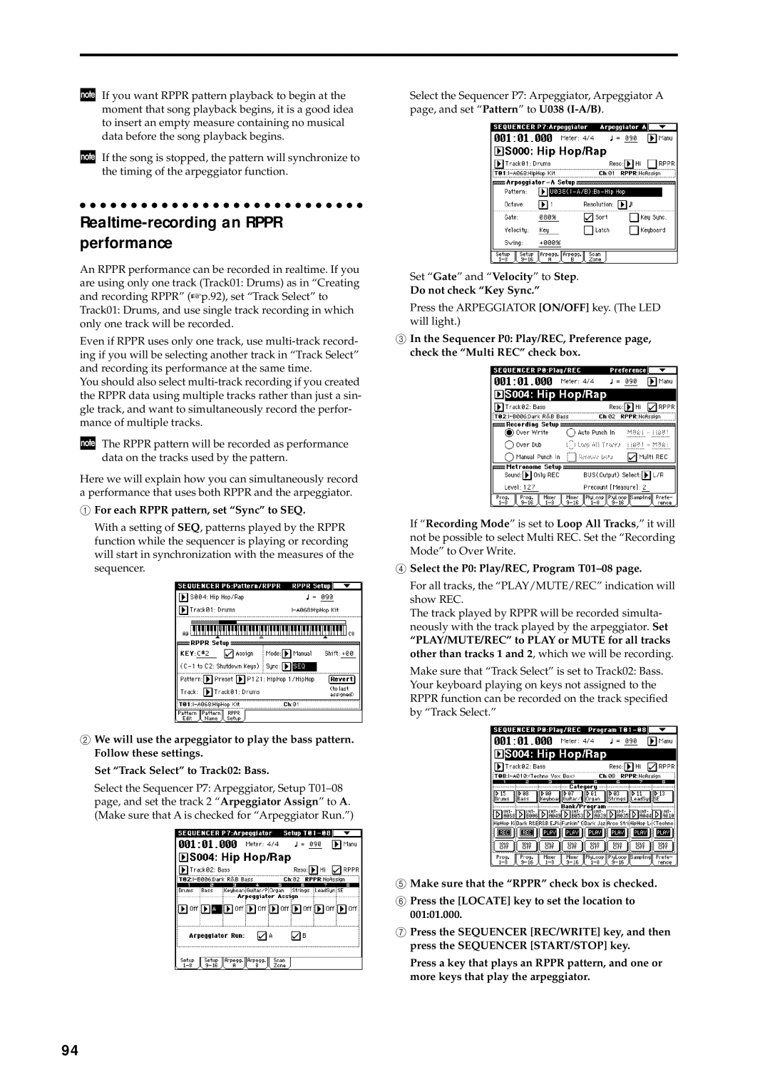 Korg music workstation, sampler manual Realtime-recording an Rppr performance, For each Rppr pattern, set Sync to SEQ 