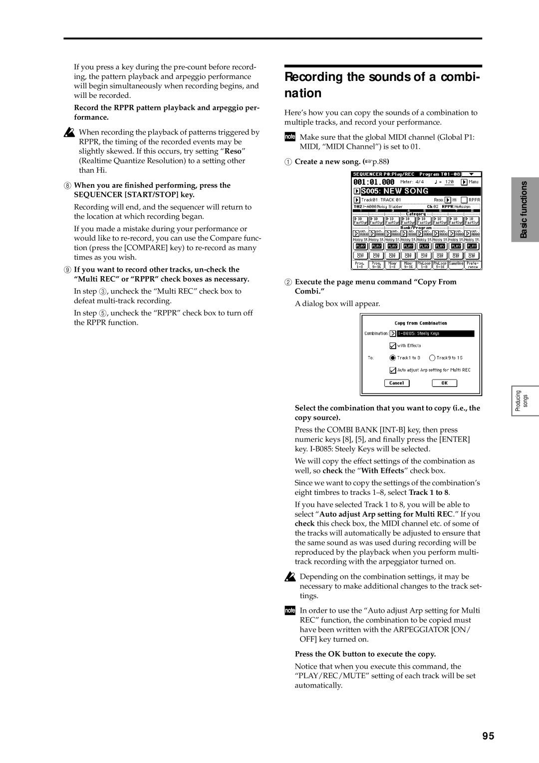 Korg sampler manual Recording the sounds of a combi- nation, Record the Rppr pattern playback and arpeggio per- formance 