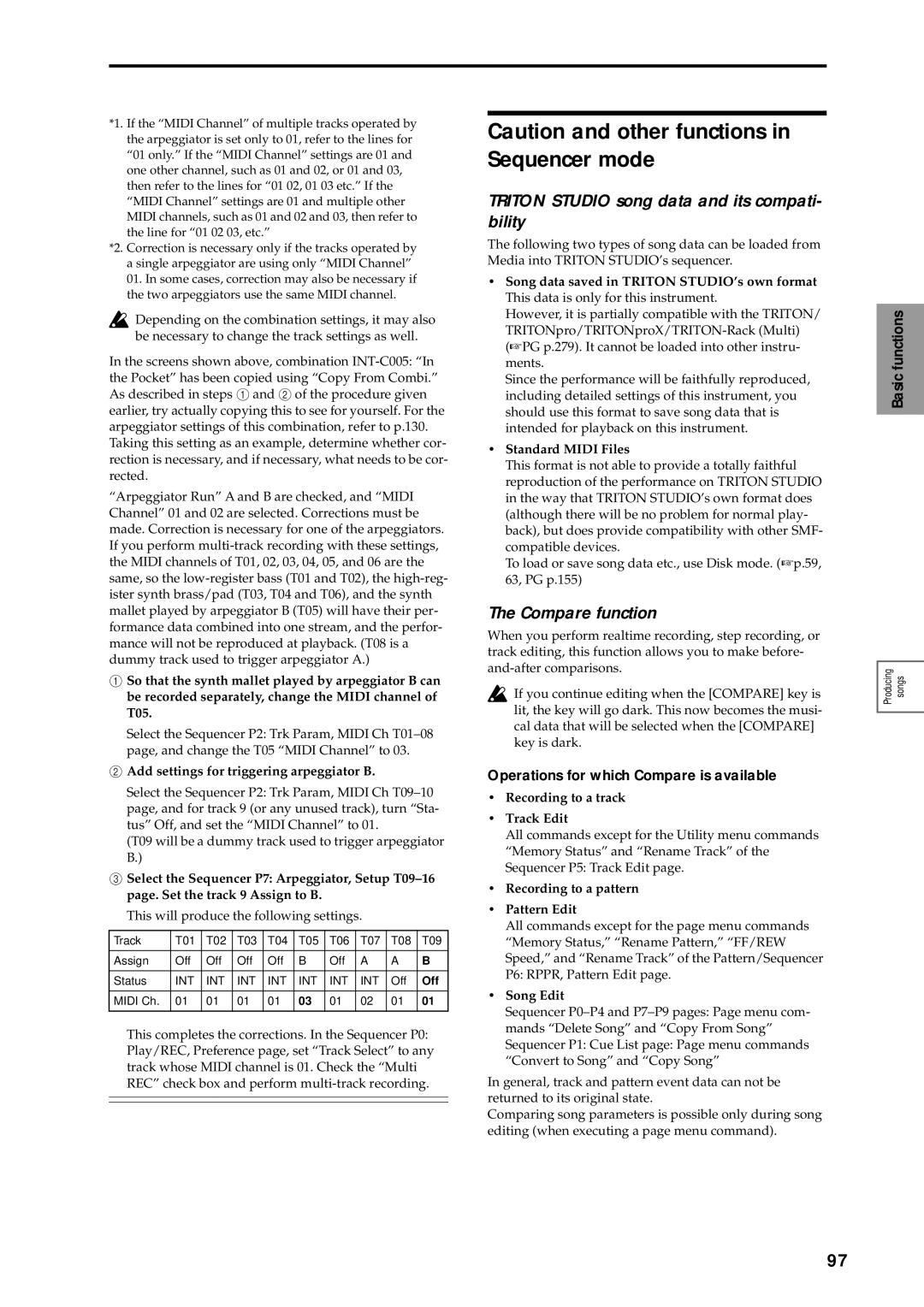 Korg sampler Triton Studio song data and its compati- bility, Compare function, Operations for which Compare is available 