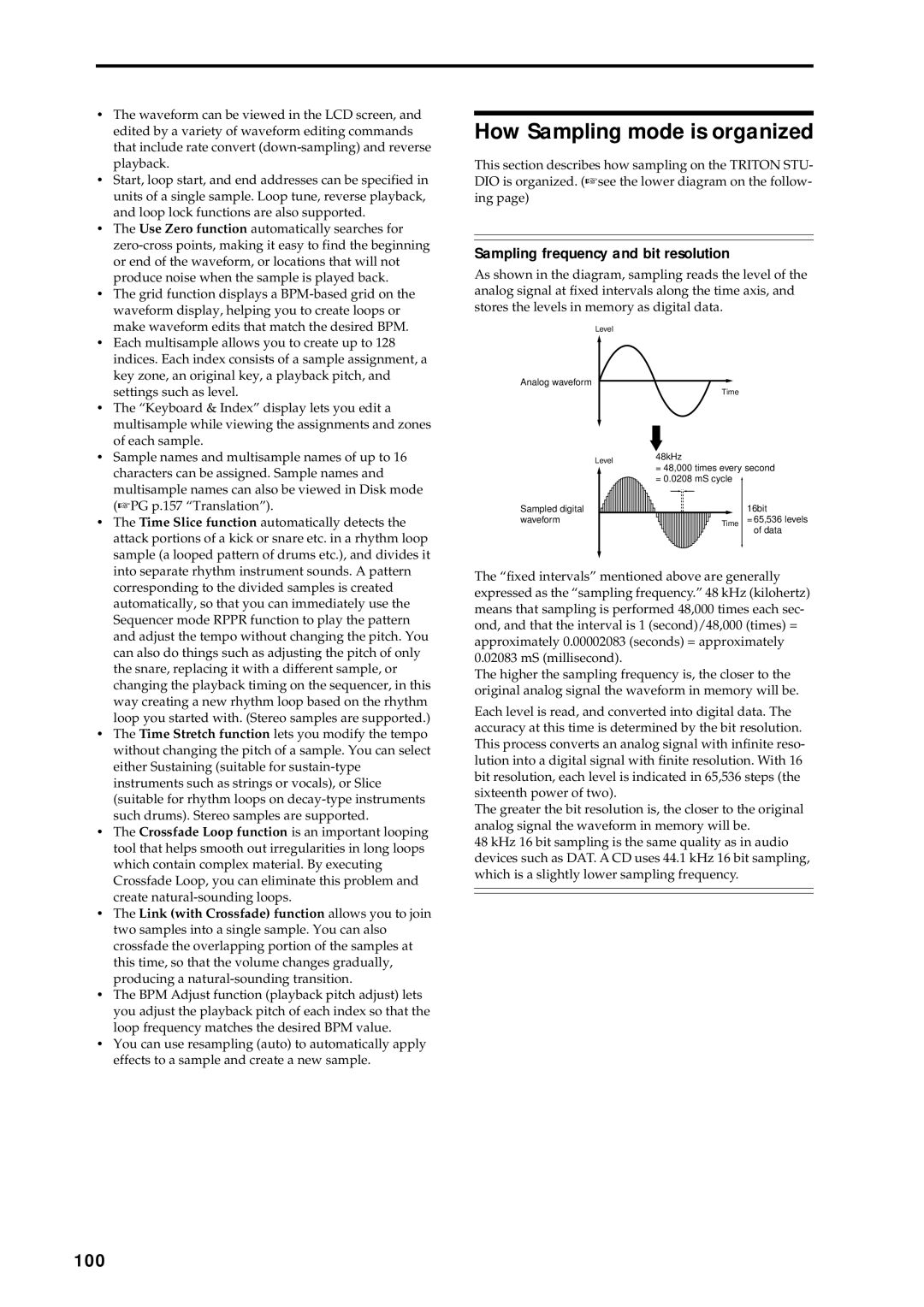 Korg music workstation, sampler manual How Sampling mode is organized, 100, Sampling frequency and bit resolution 