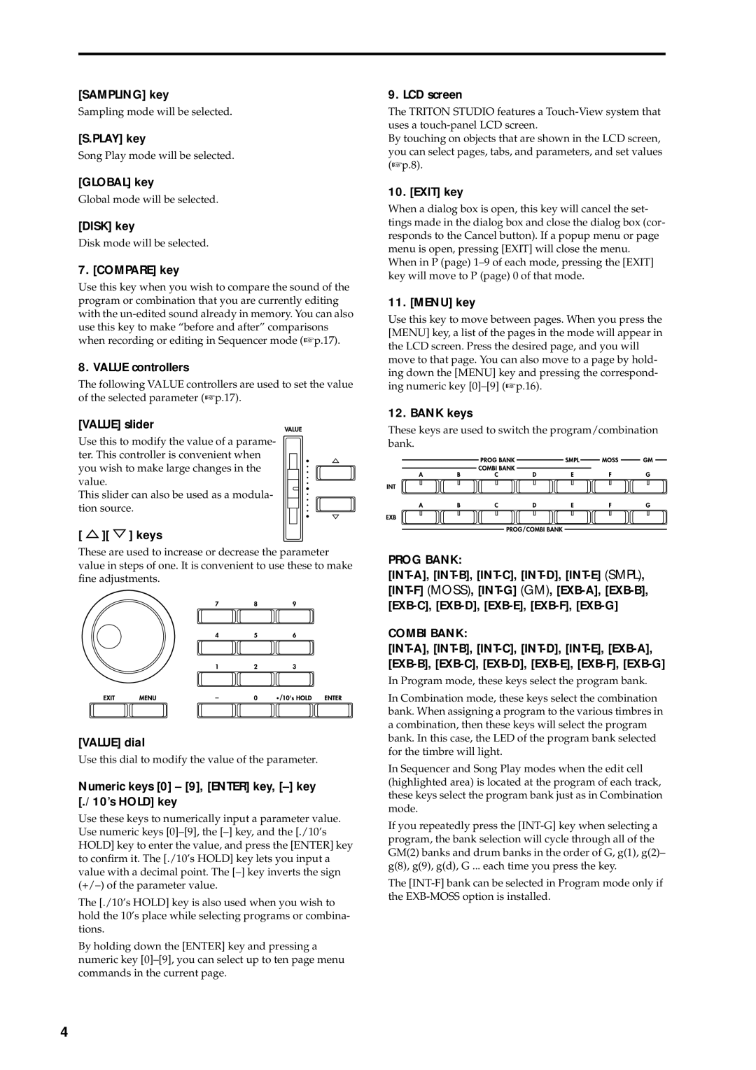 Korg music workstation Sampling key, Play key, Global key, Disk key, Compare key, Value controllers, Value slider, Keys 