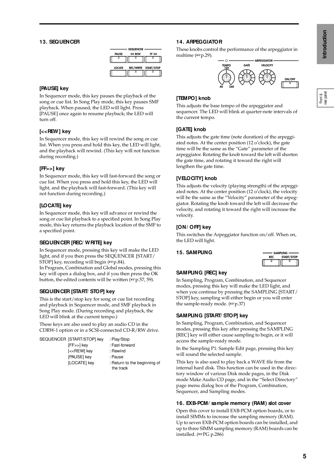 Korg sampler manual Pause key, REW key, FF key, Locate key, Sequencer REC/WRITE key, Sequencer START/STOP key, Tempo knob 