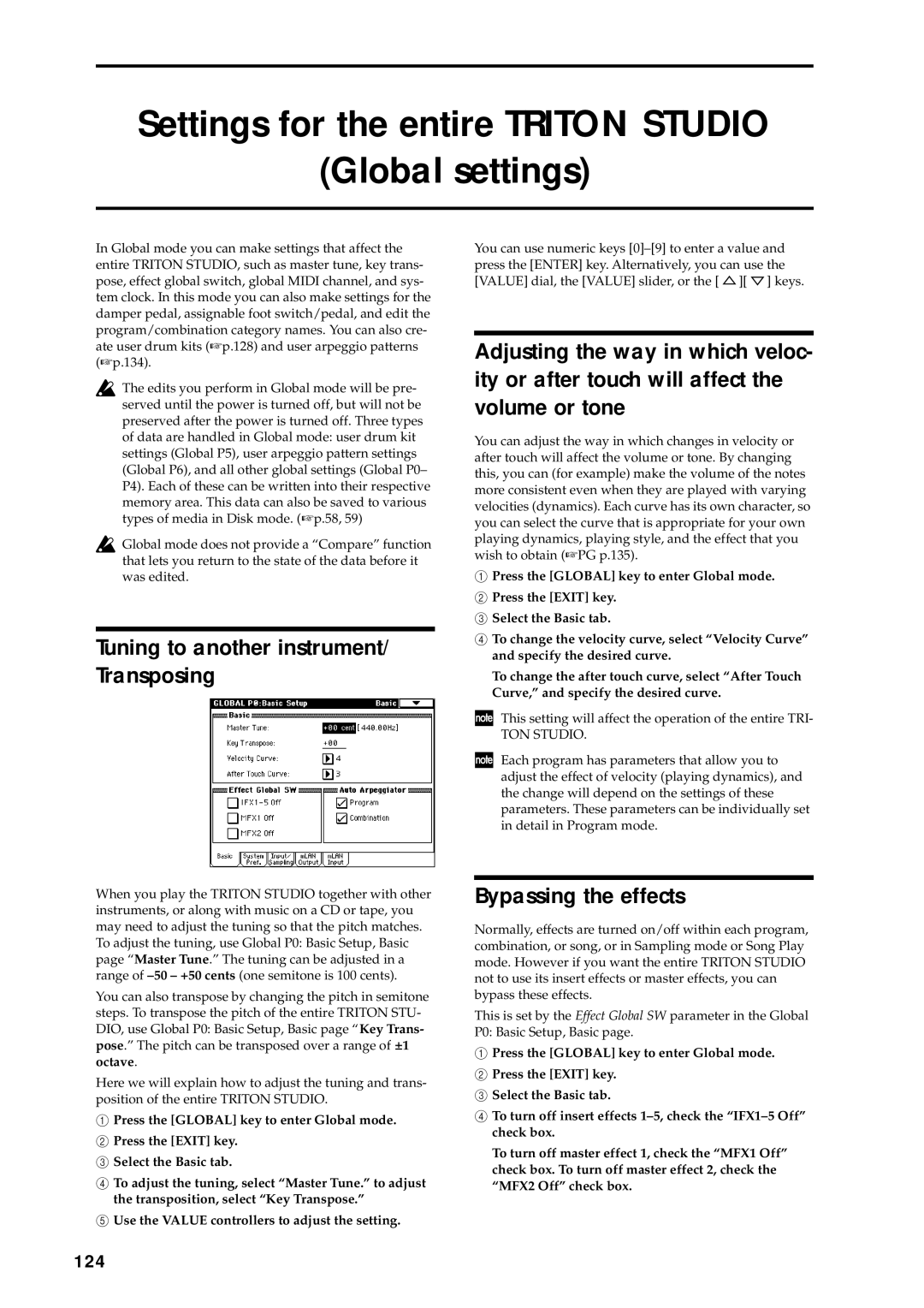 Korg music workstation Settings for the entire Triton Studio Global settings, Tuning to another instrument/ Transposing 