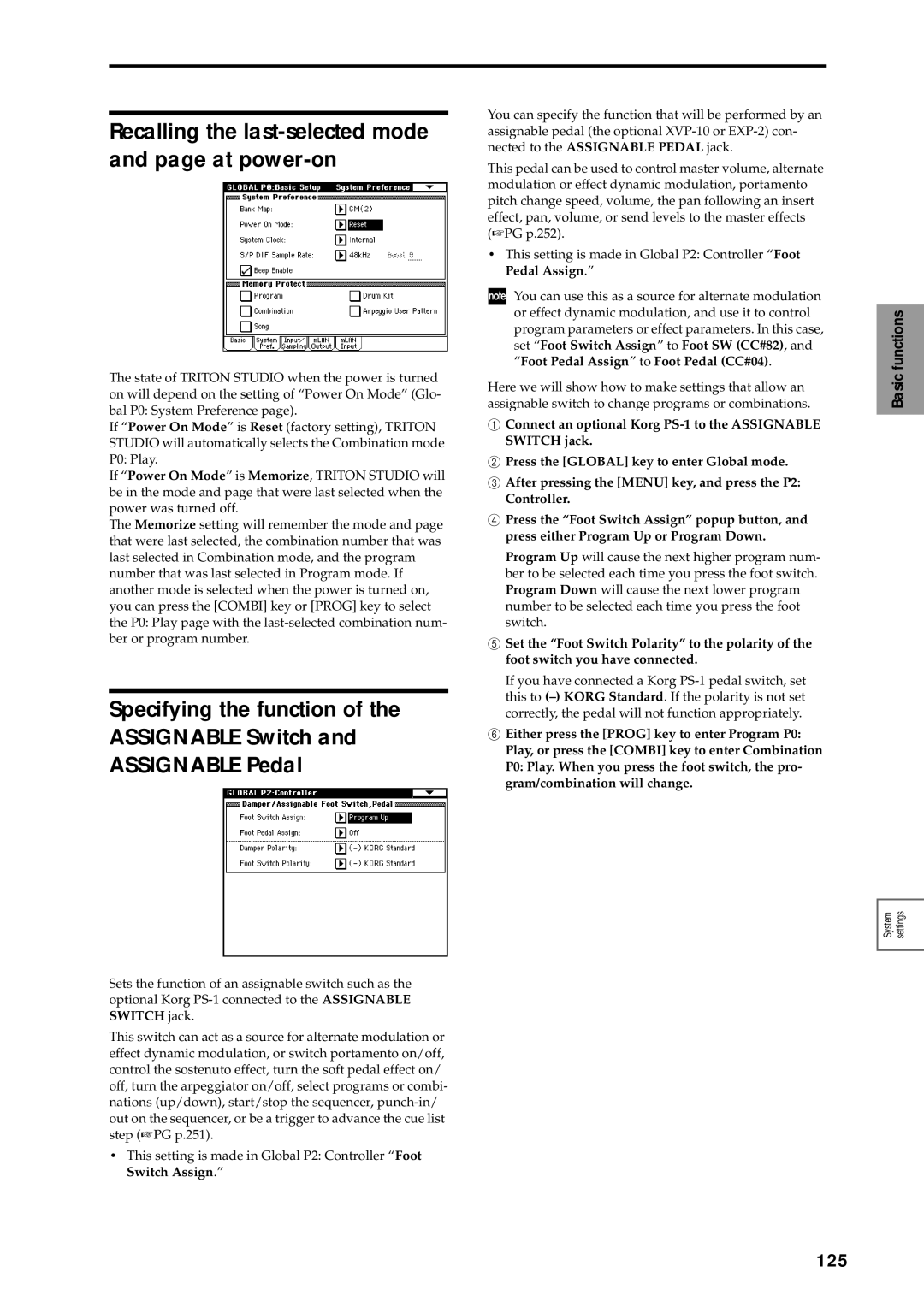 Korg sampler, music workstation manual Recalling the last-selected mode and page at power-on, 125 