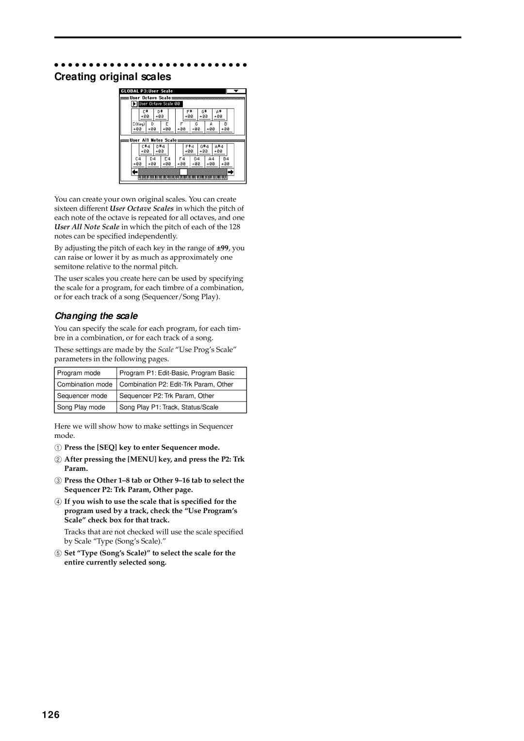 Korg music workstation, sampler manual Creating original scales, 126, Changing the scale 