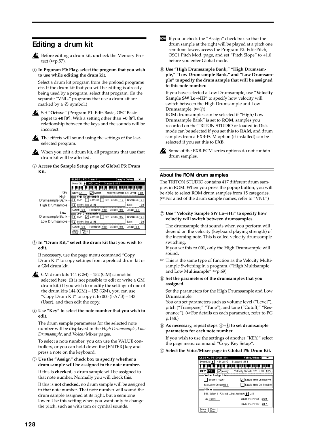 Korg music workstation, sampler manual Editing a drum kit, 128, About the ROM drum samples 