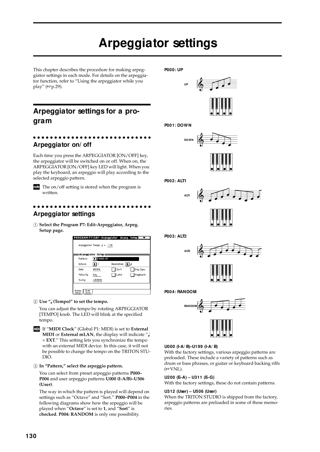 Korg music workstation, sampler manual Arpeggiator settings for a pro- gram, Arpeggiator on/off, 130 