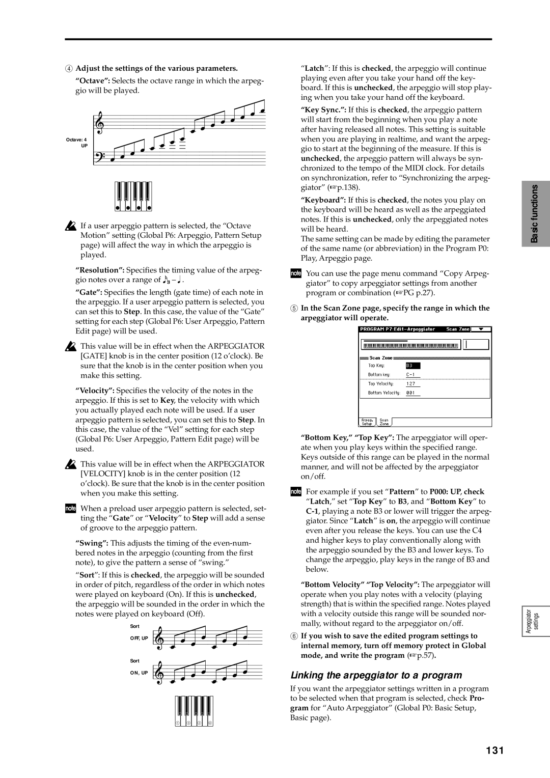 Korg sampler, music workstation 131, Linking the arpeggiator to a program, Adjust the settings of the various parameters 