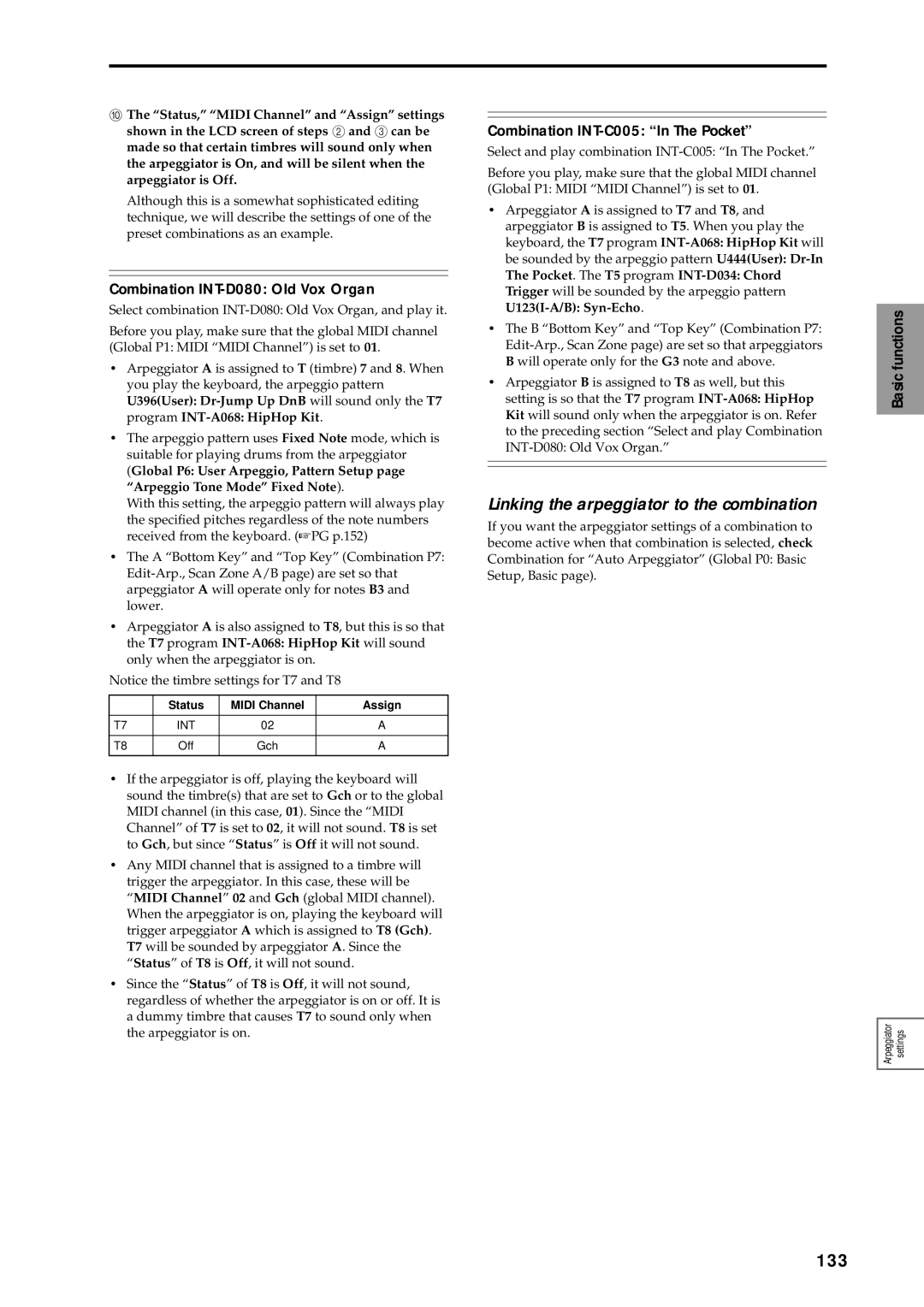 Korg sampler, music workstation manual 133, Linking the arpeggiator to the combination, Combination INT-D080 Old Vox Organ 