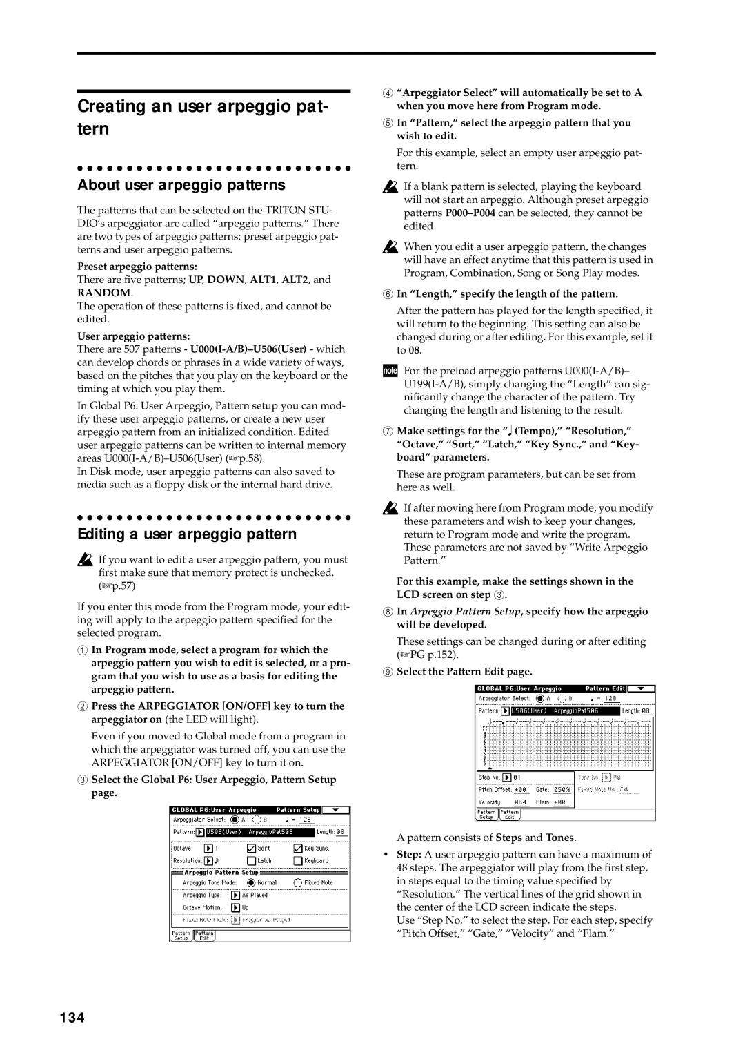 Korg music workstation Creating an user arpeggio pat- tern, About user arpeggio patterns, Editing a user arpeggio pattern 