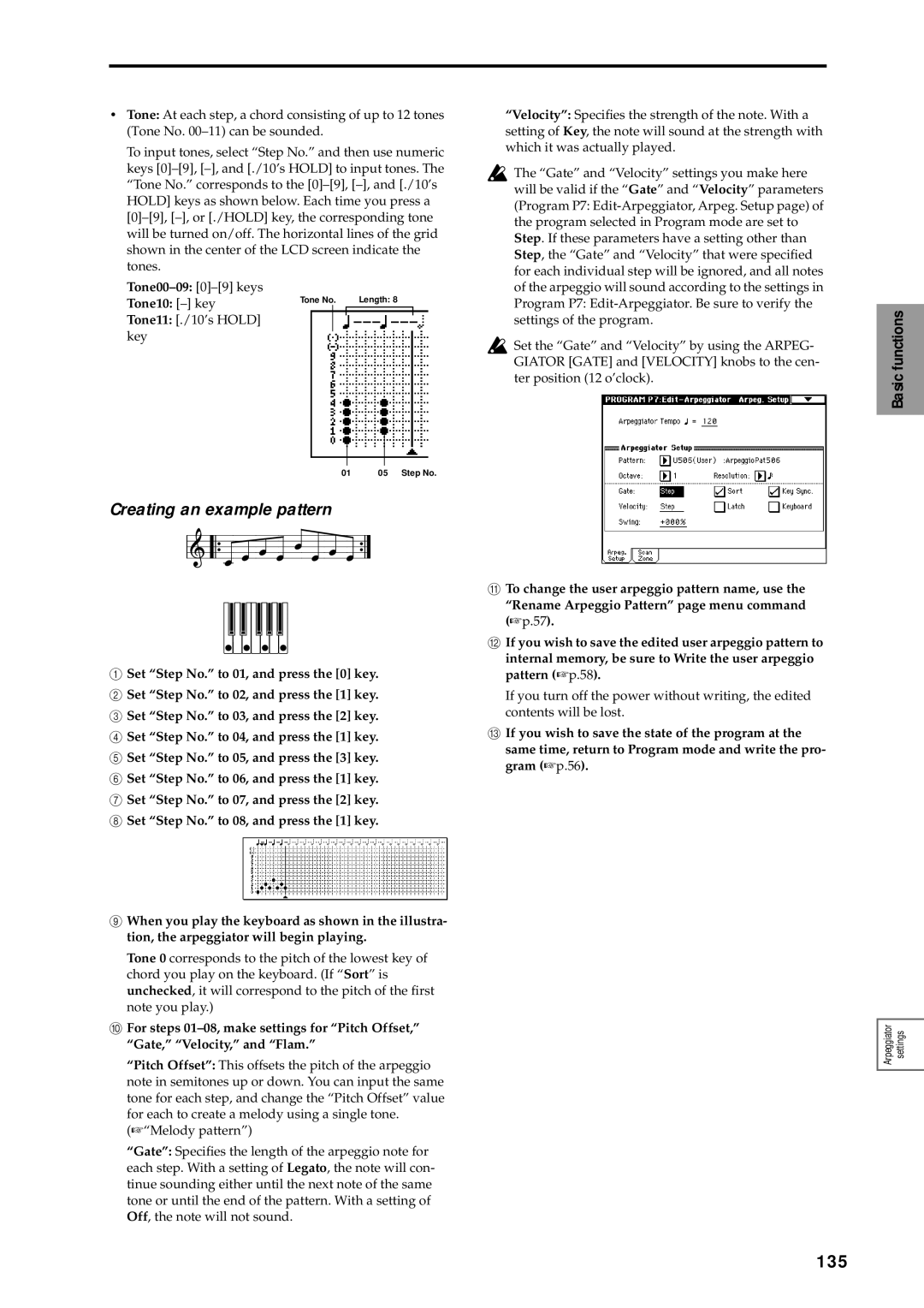 Korg sampler, music workstation manual 135, Creating an example pattern, Tone10 key 