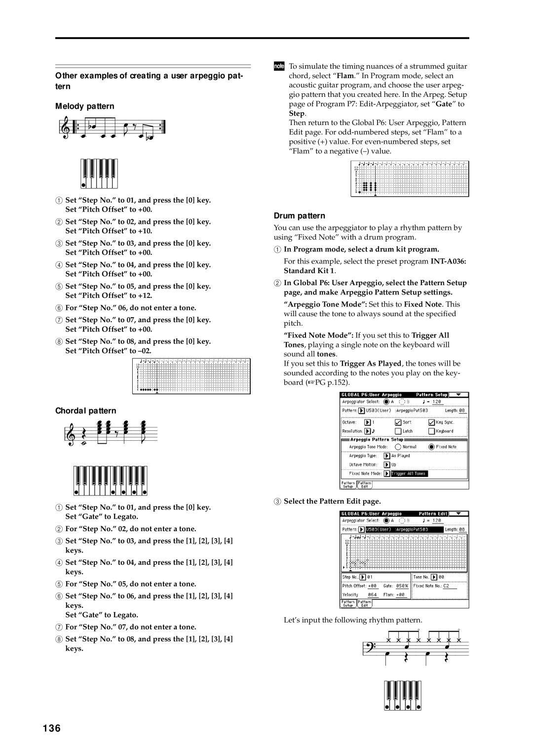 Korg music workstation, sampler manual 136, Drum pattern, Chordal pattern, Program mode, select a drum kit program 