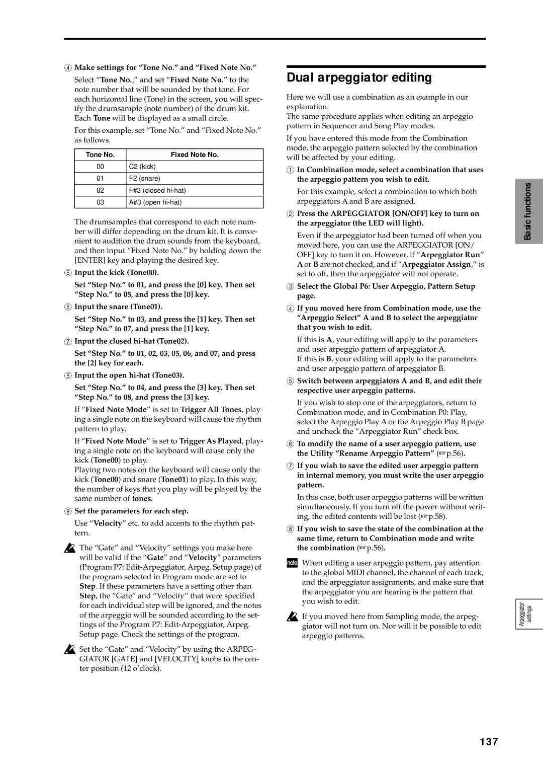 Korg sampler Dual arpeggiator editing, 137, Make settings for Tone No. and Fixed Note No, Set the parameters for each step 