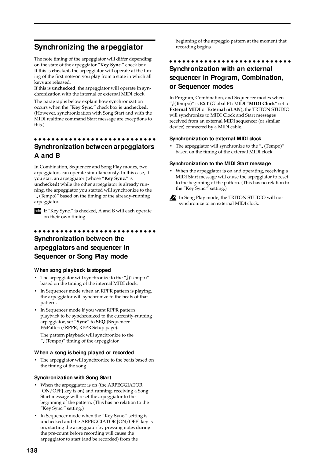 Korg music workstation, sampler manual Synchronizing the arpeggiator, Synchronization between arpeggiators a and B, 138 