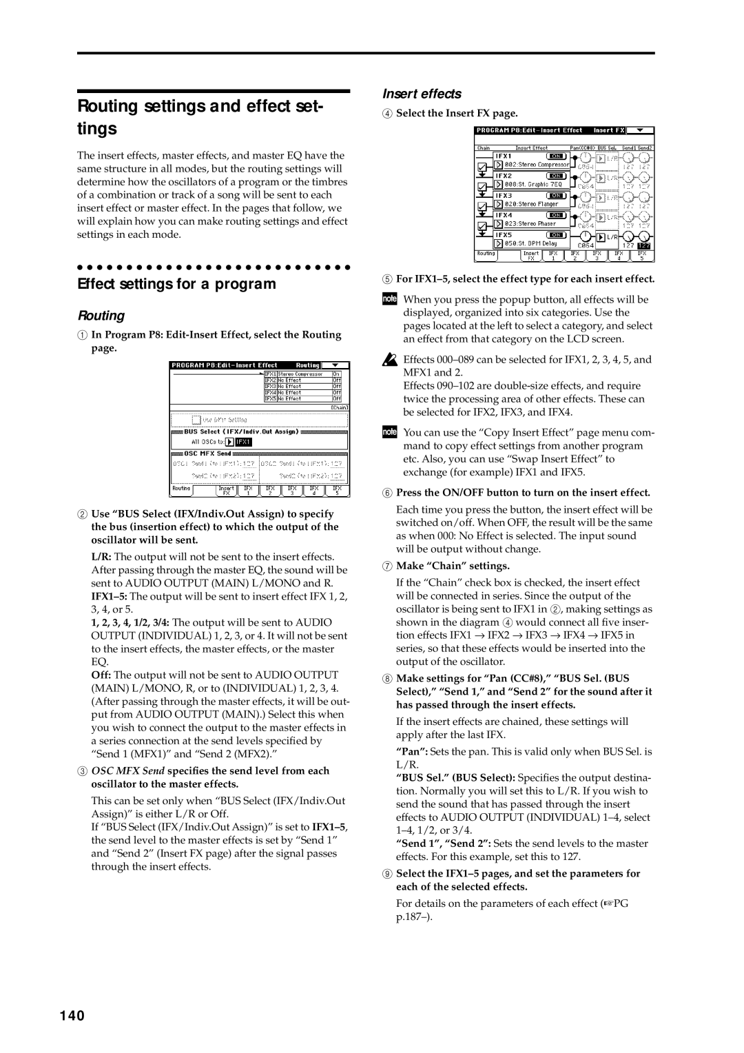 Korg music workstation, sampler Routing settings and effect set- tings, Effect settings for a program, 140, Insert effects 