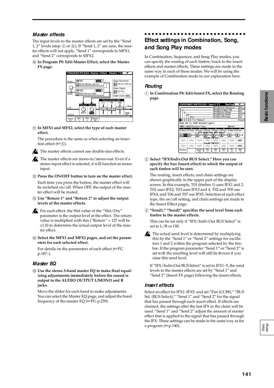 Korg sampler, music workstation Effect settings in Combination, Song, and Song Play modes, 141, Master effects, Master EQ 