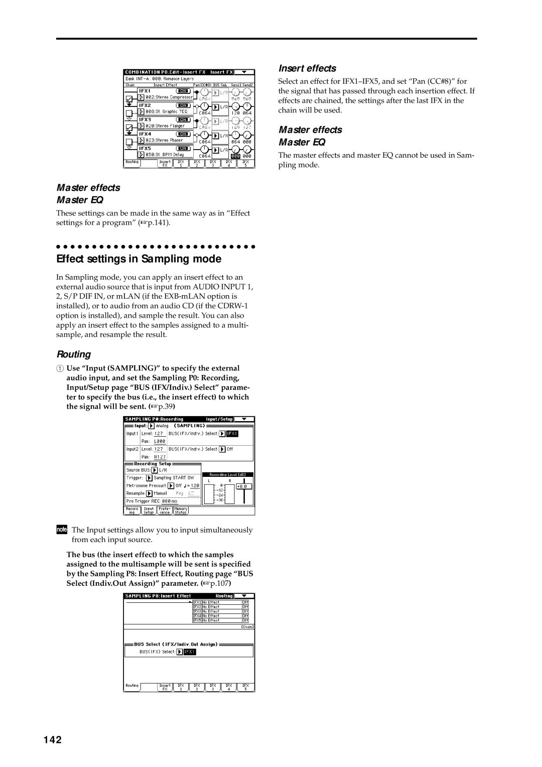 Korg music workstation, sampler manual Effect settings in Sampling mode, 142, Master effects Master EQ 