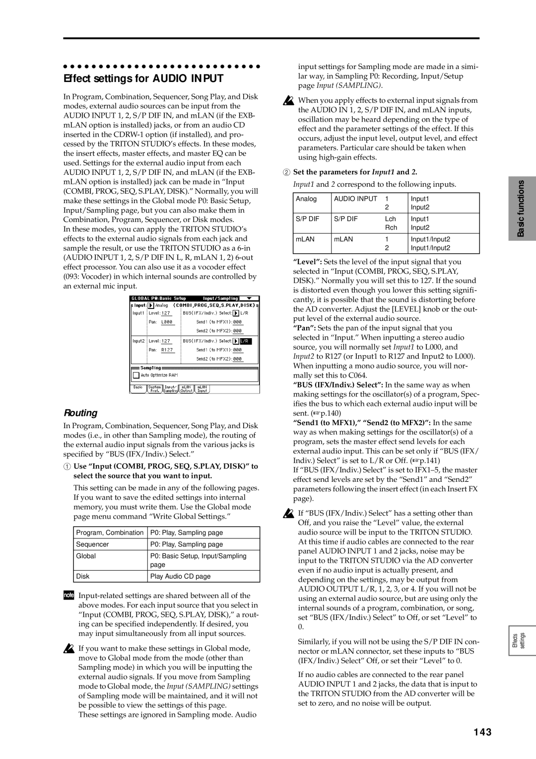 Korg sampler, music workstation manual Effect settings for Audio Input, 143, Set the parameters for Input1 